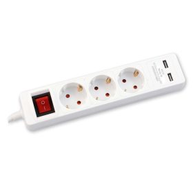   Distribuitor Commel, extensie 3, cu comutator, protectie la atingere, 2 USB alb, 1.4m, 16A, 3500W