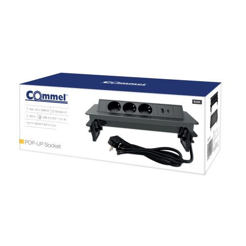 Commel ugradbeni u namještaj, skriveni razdjelnik 3 utičnice, USB AC crni, 16A 3680W