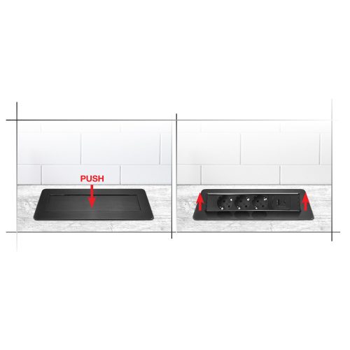 Commel ugradbeni u namještaj, skriveni razdjelnik 3 utičnice, USB AC crni, 16A 3680W