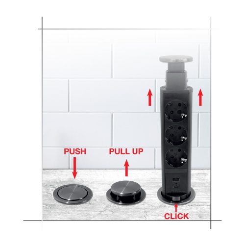 Commel ugradbeni namještaj, skriveni razdjelnik 3 utičnice, USB AC crni sivi prsten 16A 3680W