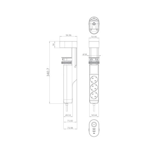 Commel desktop power strip, 3 sockets, USB AC black 16A 3680W