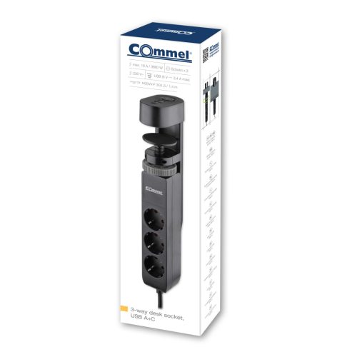 Commel desktop power strip, 3 sockets, USB AC black 16A 3680W
