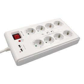   Priză Commel cu protecție la supratensiune și suprasarcină, 8 prize, 2 porturi USB, 3m, 16A, 3500W