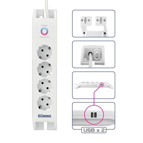 Commel razdjelnik, sa zaštitom od prenapona, 4 utičnice 2 kom usb 2m, bijeli, 16A, 3680W