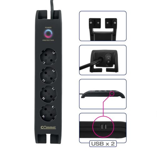 Commel predlžovací kábel, s prepäťovou ochranou, 4 zásuvky, 2 USB 2m, čierny, 16A, 3680W