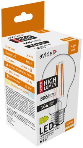 Avide LED vláknová guľa 4,9 W E27 A60 NW 4000 K Super High Lumen