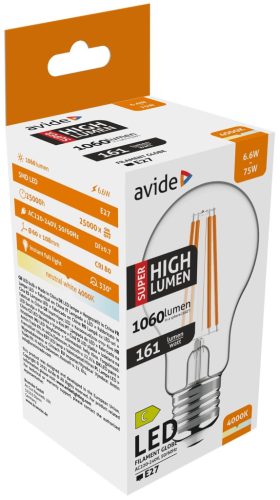 Avide LED vláknová guľa 6,6 W E27 A60 NW 4000 K Super High Lumen