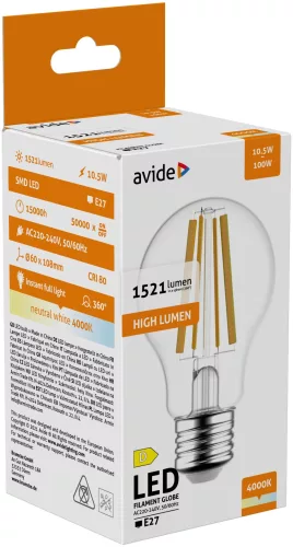 Avide LED vláknová guľa 10,5W E27 A60 NW 4000K vysoký lumen
