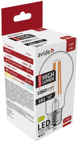 Avide LED vláknová guľa 6,6W E27 A60 WW 2700K Super High Lumen
