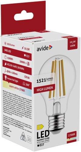 Avide LED vláknová guľa 10,5W E27 A65 WW 2700K vysoký lumen