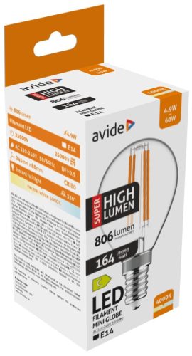 Avide LED Filament Mini Globe 4,9 W E14 NW 4000 K Super High Lumen