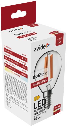 Avide LED Filament Mini Globe 6,5 W E14 WW 2700K vysoký lumen