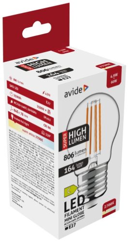 Avide LED Filament Mini Globe 4,9 W E27 WW 2700 K Super High Lumen