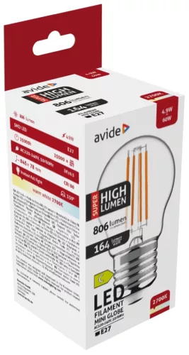 Avide LED Filament Mini Globe 6,5 W E27 WW 2700K vysoký lumen