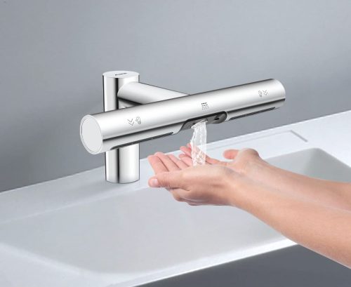 Berührungsloser Händetrockner und Wasserhahn aus Edelstahl in einem