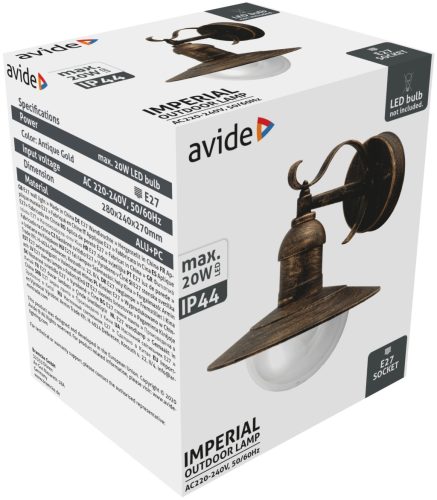 Avide outdoor wall lamp Imperial 1xE27 IP44 antique gold