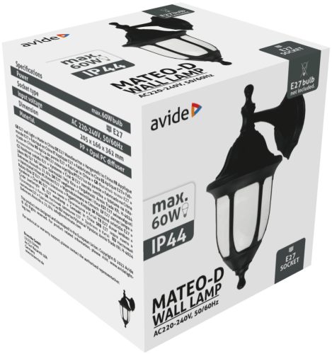Avide Outdoor Wall Lamp Mateo-D 1xE27 Black IP44