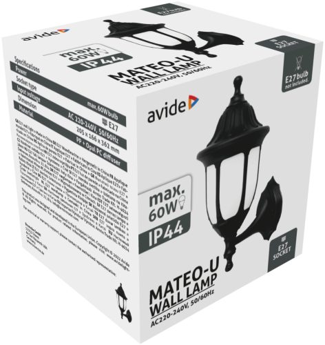 Avide Outdoor Wall Lamp Mateo-U 1xE27 Black IP44