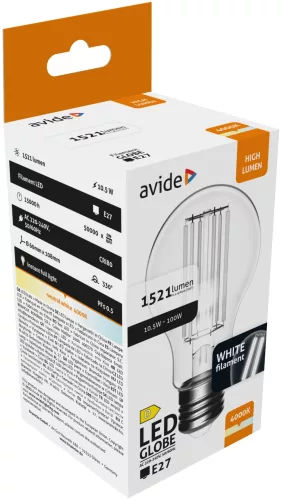 Avide LED glóbus s bielym vláknom 10,5W E27 NW 4000K