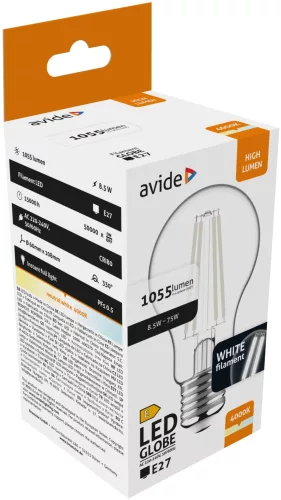 Avide LED glóbus s bielym vláknom 8,5W E27 NW 4000K
