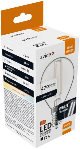 Avide LED White Filament Mini Globe 4,5W E14 NW 4000K