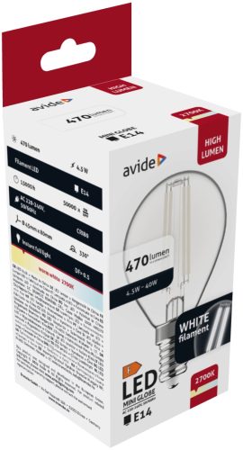Avide LED White Filament Mini Globe 4,5W E14 WW 2700K