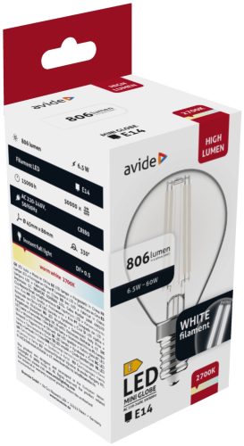 Avide LED White Filament Mini Globe 6,5W E14 WW 2700K