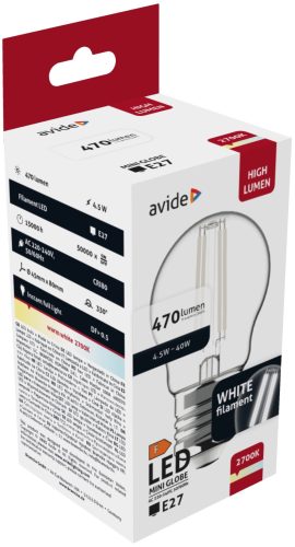 Avide LED White Filament Mini Globe 4,5W E27 WW 2700K
