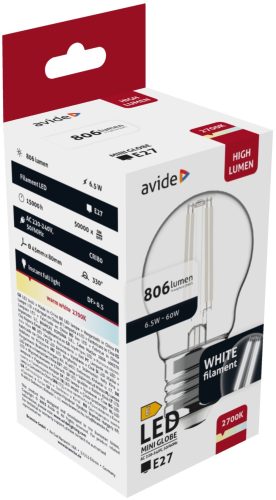 Avide LED White Filament Mini Globe 6,5W E27 WW 2700K