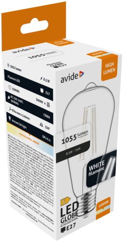 Avide LED White Filament ST64 8,5W E27 NW 4000K