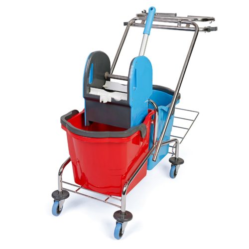 Upratovací vozík, chrómový rám, s držiakom vrecka, 2x18 litrové vedrá