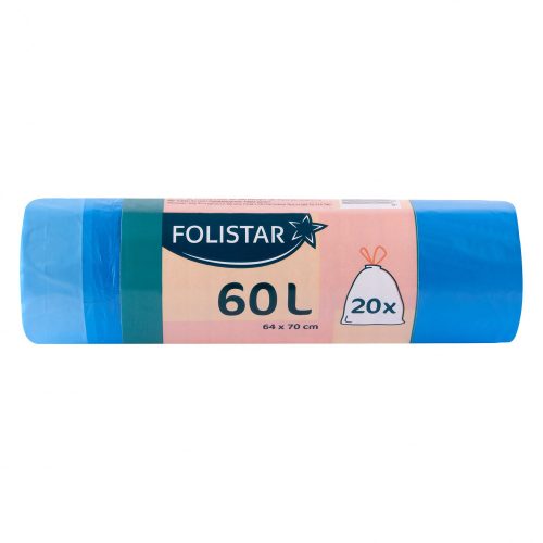 Folistar garbage bag 64x70cm, 60 liter HDPE 15 micron blue, with tape, 20 pieces/roll