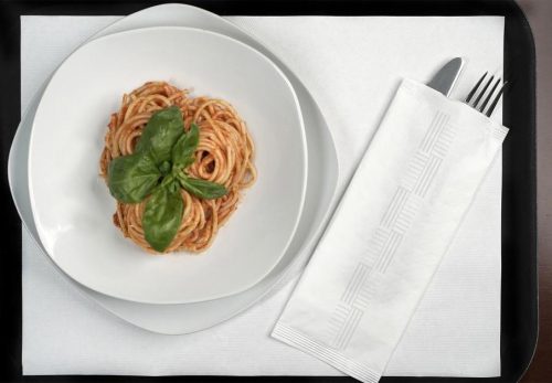 Suport tacamuri Infibra alb 2 straturi 38x38 cu servetele albe 125 bucati/pachet