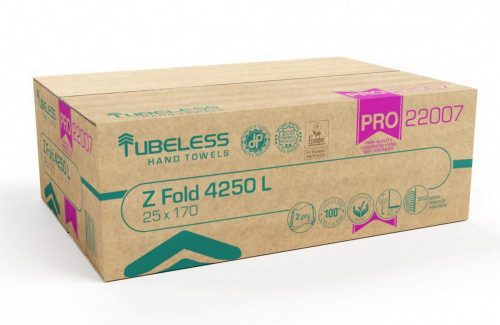 Tubeless Z Folded hand towel 2 layers, 100% cellulose, 20.3x24cm, 25x170 sheets 4250 sheets/carton