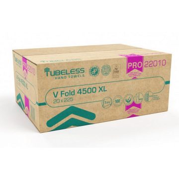   Tubeless V Folded hand towel 2 layers, white, 100% cellulose, 25x21cm, 20x225 sheets, 4500 sheets/carton