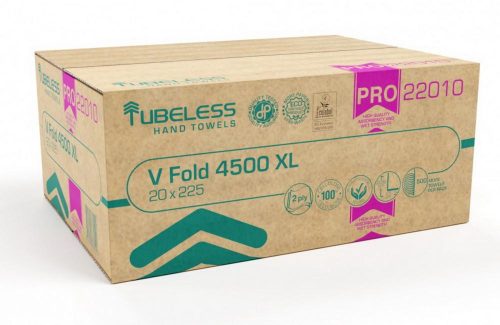 Tubeless V Folded hand towel 2 layers, white, 100% cellulose, 25x21cm, 20x225 sheets, 4500 sheets/carton