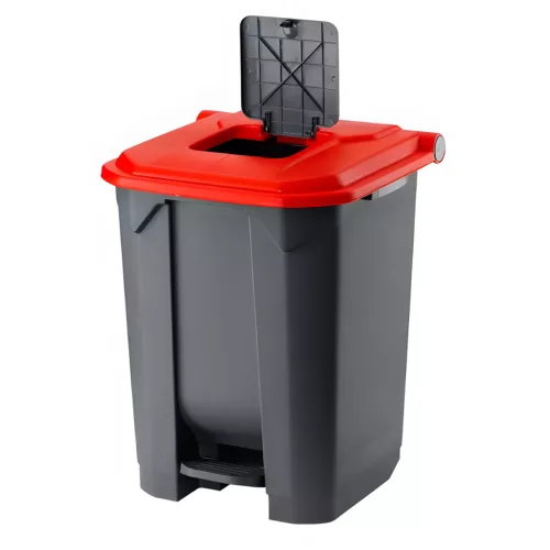 Recipient de colectare selectivă a deșeurilor, plastic, pedală, antracit, roșu, 50L