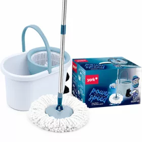   York mop set with oval bucket, synthetic flat mop, handle, wringer, gray