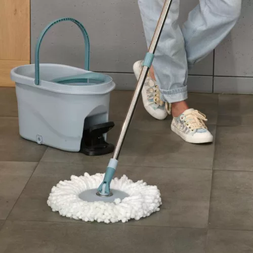 York mop set with oval bucket, synthetic flat mop, handle, wringer, gray