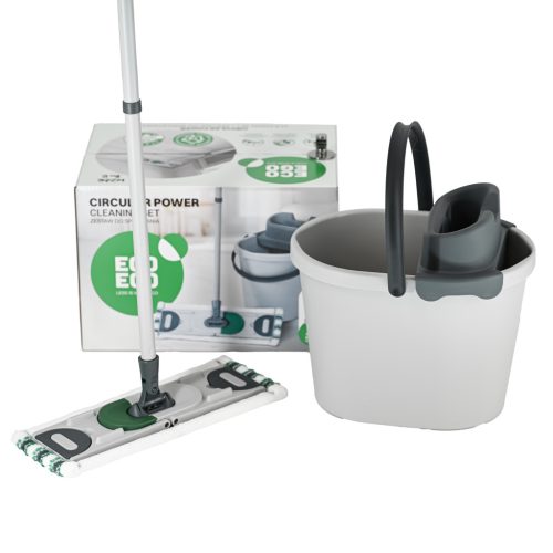 York mop set with oval bucket, synthetic flat mop, handle, wringer, gray