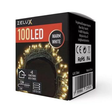   Zelux karácsonyi világítás, fényfűzér, 100 led, fehér, 12m
