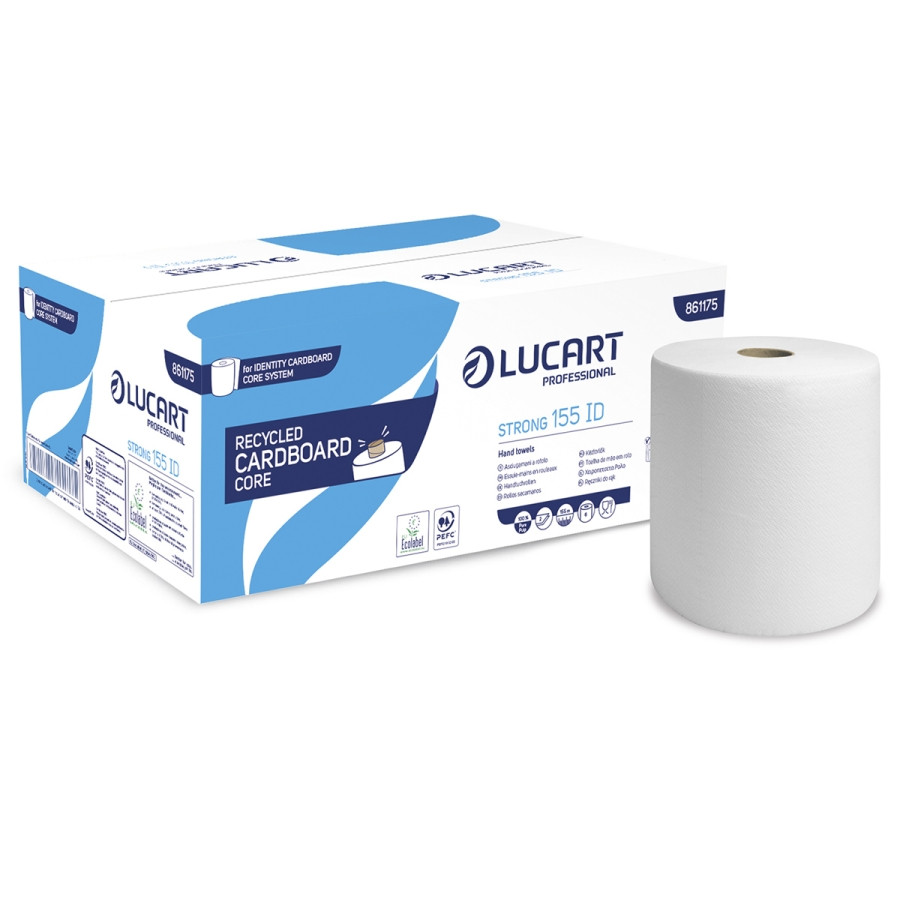 Lucart Strong 155 ID (Cardboard Core) tekercses kéztörlő - 2 rétegű, hófehér 155m (Karton - 6 tek) 40 karton/raklap