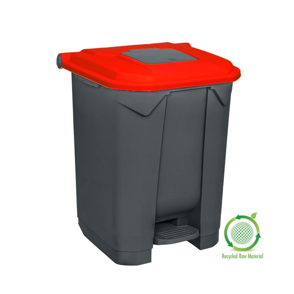 Szelektív hulladékgyűjtő konténer, műanyag, pedálos, antracit, piros, 50L